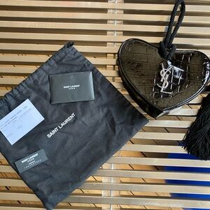 SAINT LAURENT Patent Crocodile Embossed Sac Coeur Heart Shaped Clutch-NWT-